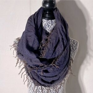 5/$25 LOOK Navy Blue Wool Viscose Blend Infinity Scarf With Beige Fringe